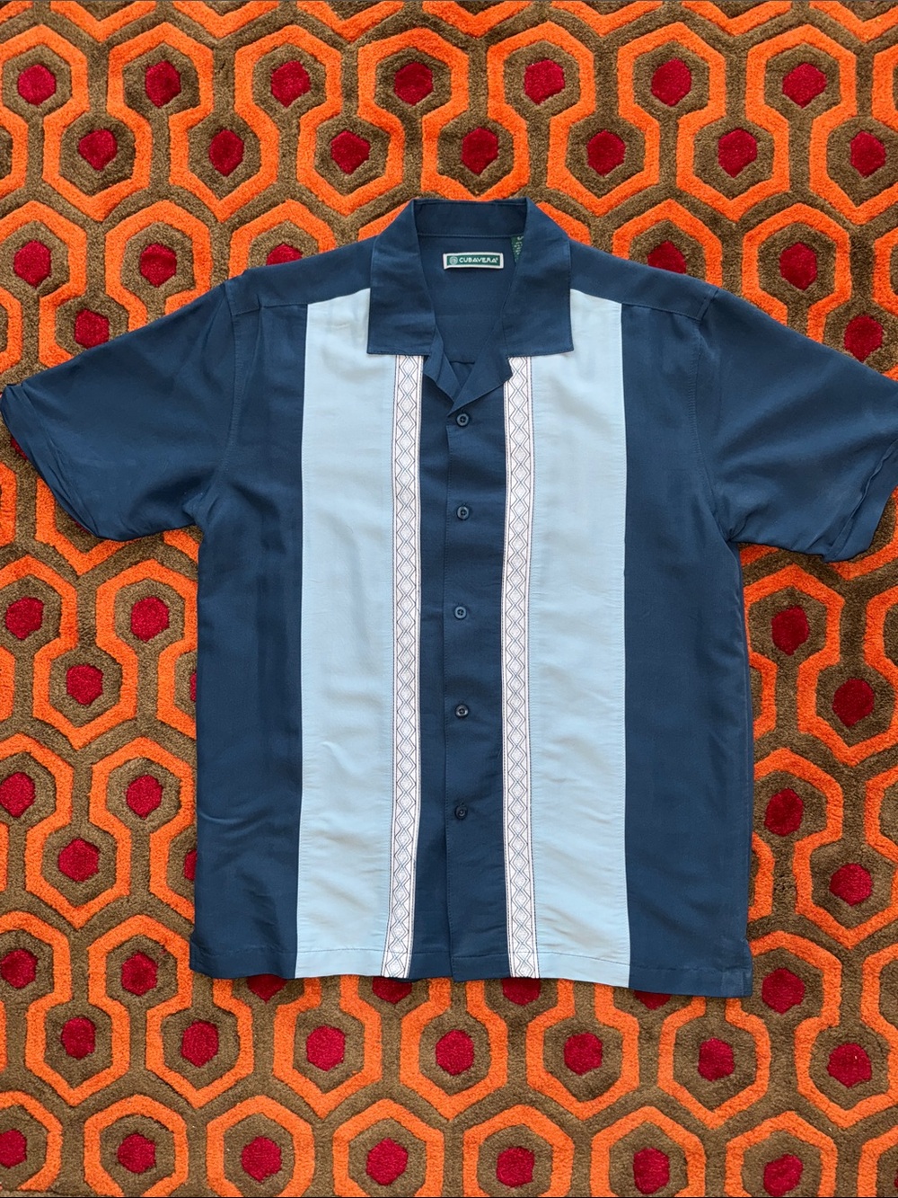 MAKE OFFER! Cubavera Navy and Light Blue Short Sleeve Button-Down Cuban Shirt SM